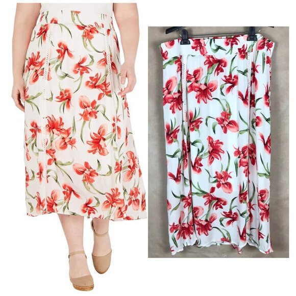 JM COLLECTION White Floral Crinkled Midi Skirt NEW Size XL - Picture 1 of 8